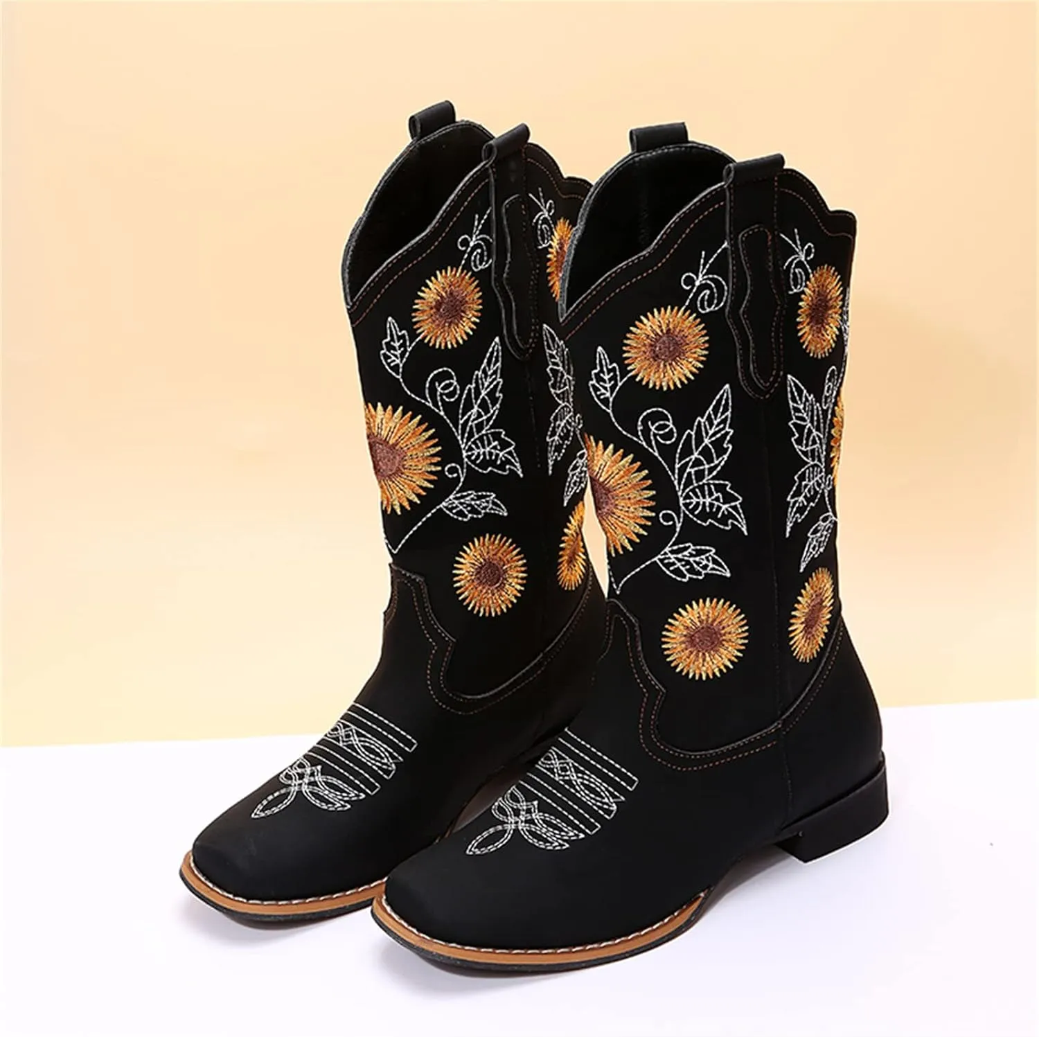 Lausiuoe Cowboy Boots For Women Wide Calf Leather Western Cowgirl Boots Knee High Embroidered Fashion Chunky Booties