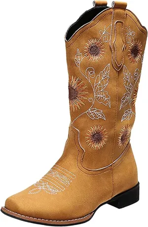Lausiuoe Cowboy Boots For Women Wide Calf Leather Western Cowgirl Boots Knee High Embroidered Fashion Chunky Booties