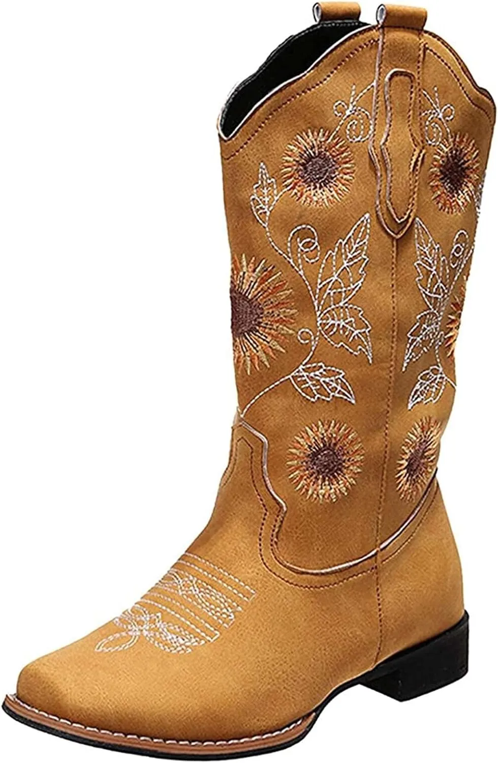Lausiuoe Cowboy Boots For Women Wide Calf Leather Western Cowgirl Boots Knee High Embroidered Fashion Chunky Booties