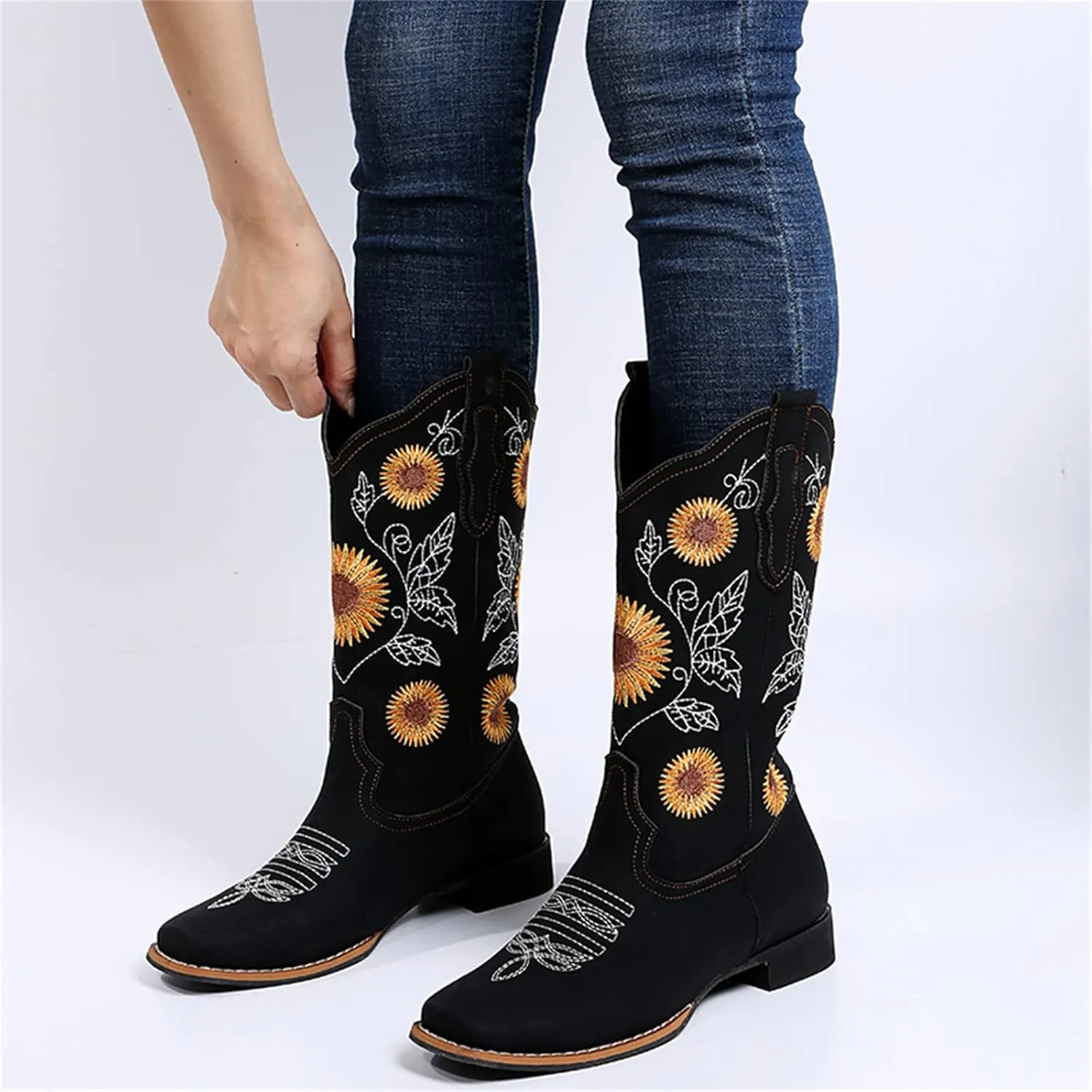 Lausiuoe Cowboy Boots For Women Wide Calf Leather Western Cowgirl Boots Knee High Embroidered Fashion Chunky Booties
