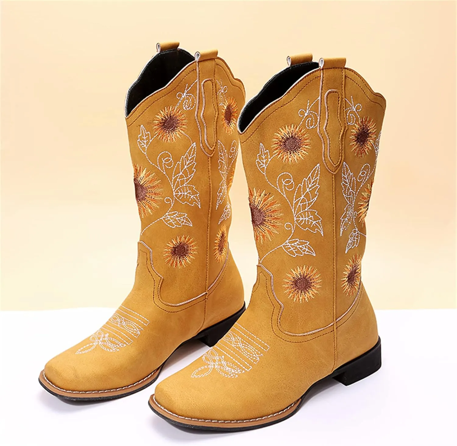Lausiuoe Cowboy Boots For Women Wide Calf Leather Western Cowgirl Boots Knee High Embroidered Fashion Chunky Booties
