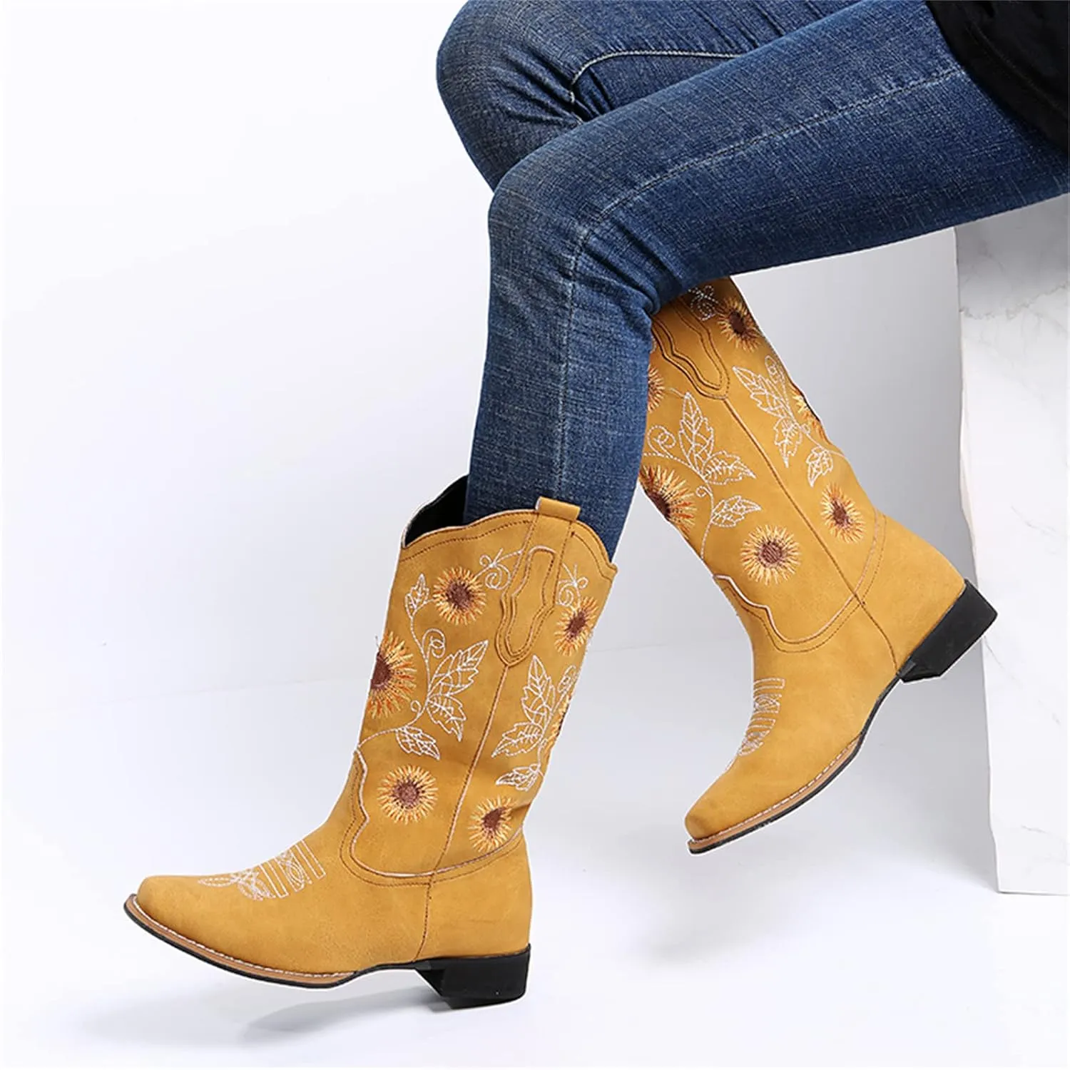 Lausiuoe Cowboy Boots For Women Wide Calf Leather Western Cowgirl Boots Knee High Embroidered Fashion Chunky Booties
