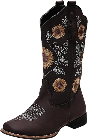 Lausiuoe Cowboy Boots For Women Wide Calf Leather Western Knee High Cowgirl Style Sunflower Embroidered Chunky Booties