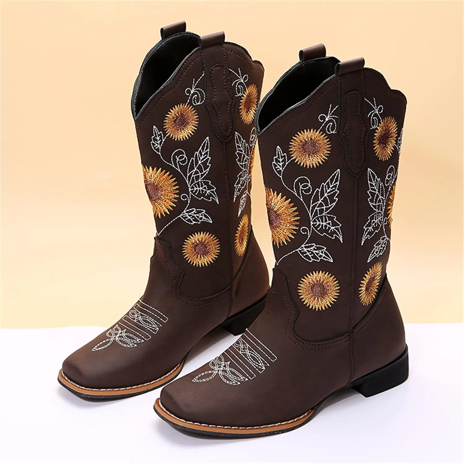 Lausiuoe Cowboy Boots For Women Wide Calf Leather Western Knee High Cowgirl Style Sunflower Embroidered Chunky Booties