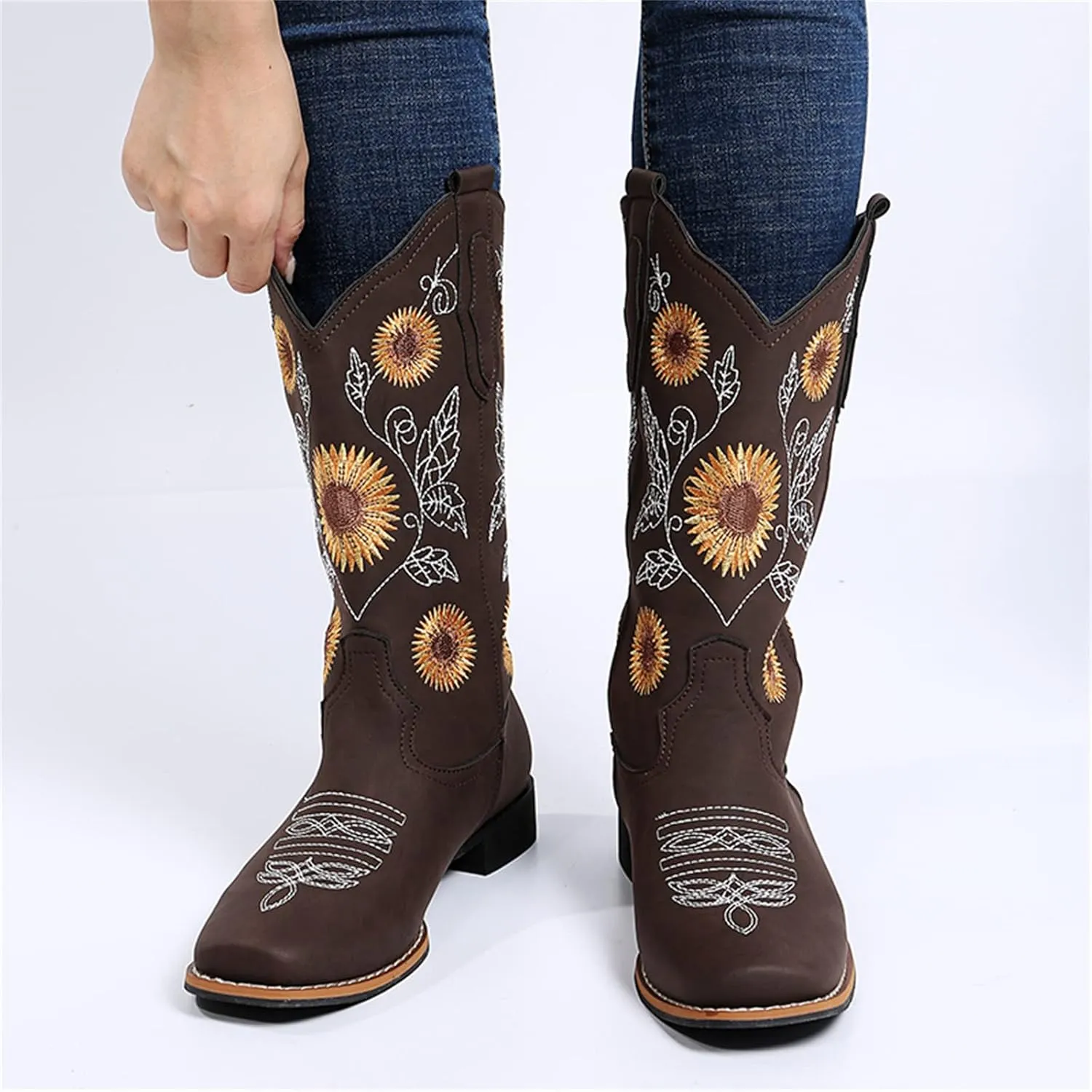 Lausiuoe Cowboy Boots For Women Wide Calf Leather Western Knee High Cowgirl Style Sunflower Embroidered Chunky Booties