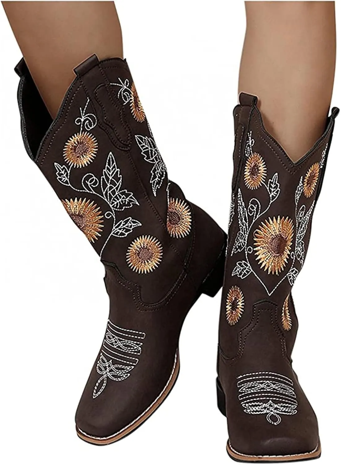 Lausiuoe Cowboy Boots For Women Wide Calf Leather Western Knee High Cowgirl Style Sunflower Embroidered Chunky Booties