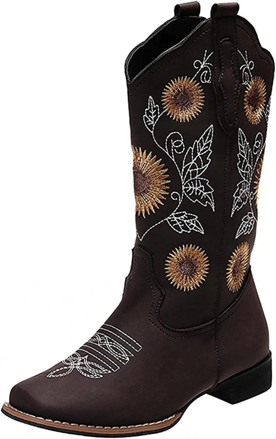 Lausiuoe Cowboy Boots For Women Wide Calf Leather Western Knee High Cowgirl Style Sunflower Embroidered Chunky Booties