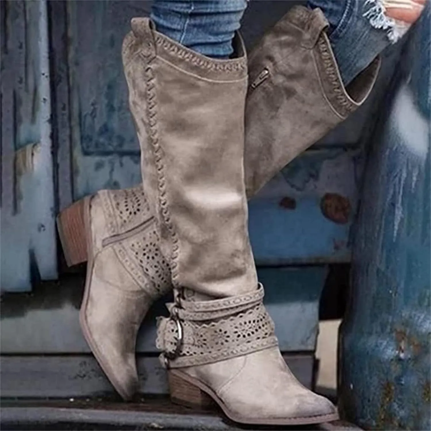 Lausiuoe Cowboy Boots For Women Wide Calf Low Heel Cowgirl Western Booties Embroidery Knee High Fashion Boot Pull-On