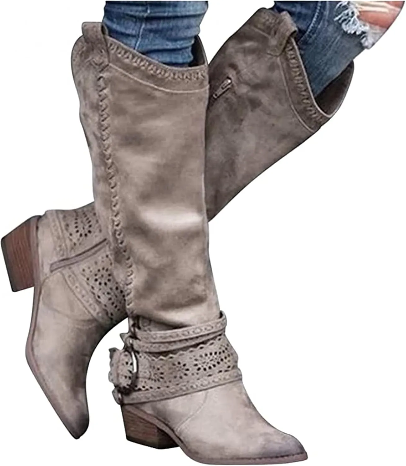 Lausiuoe Cowboy Boots For Women Wide Calf Low Heel Cowgirl Western Booties Embroidery Knee High Fashion Boot Pull-On