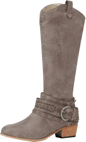 Lausiuoe Cowboy Boots For Women Wide Calf Low Heel Cowgirl Western Booties Embroidery Knee High Fashion Boot Pull-On
