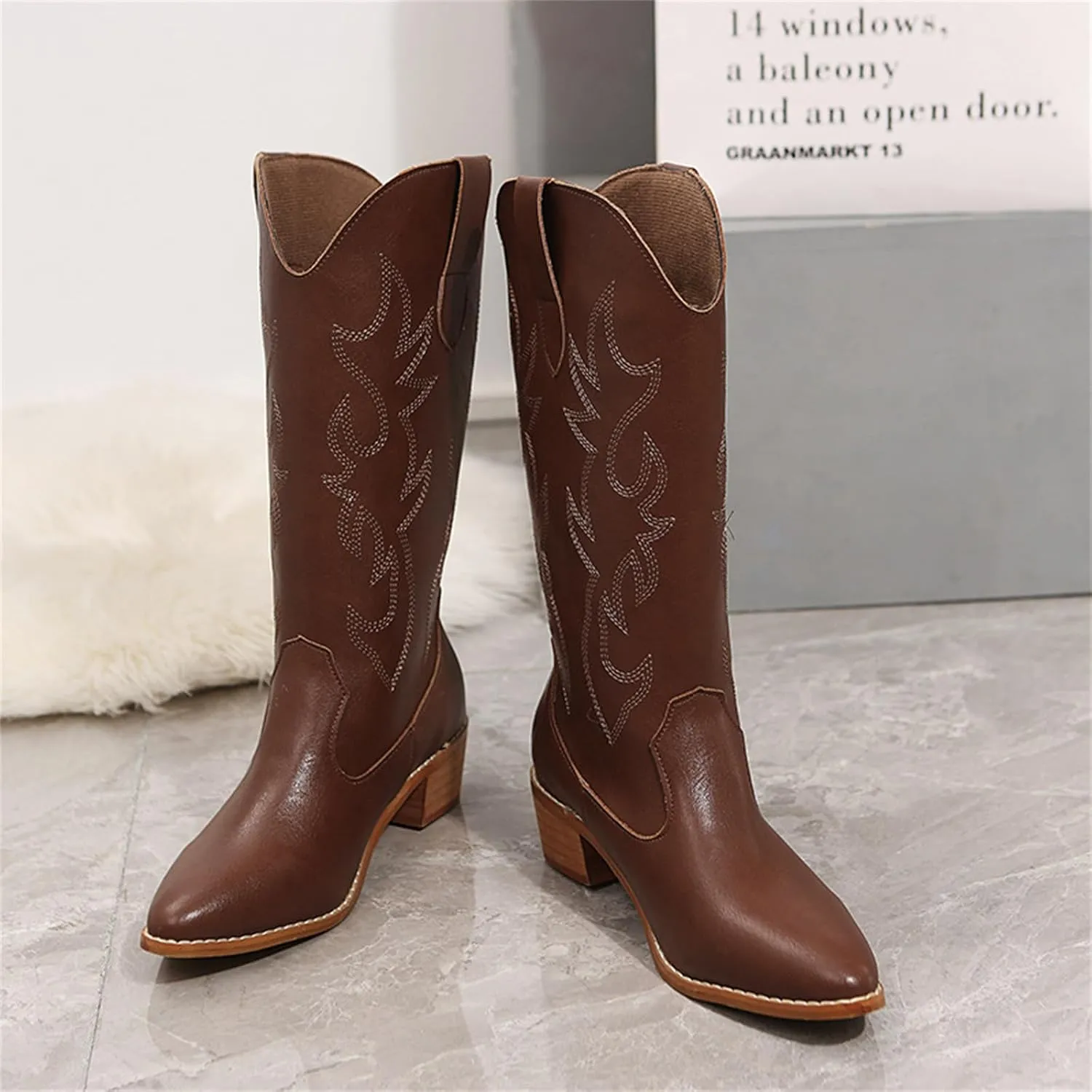 Lausiuoe Cowboy Boots For Women Wide Calf Tall Knee High Embroidered Pull-On Fashion Chunky Heel Cowgirl Western Boots