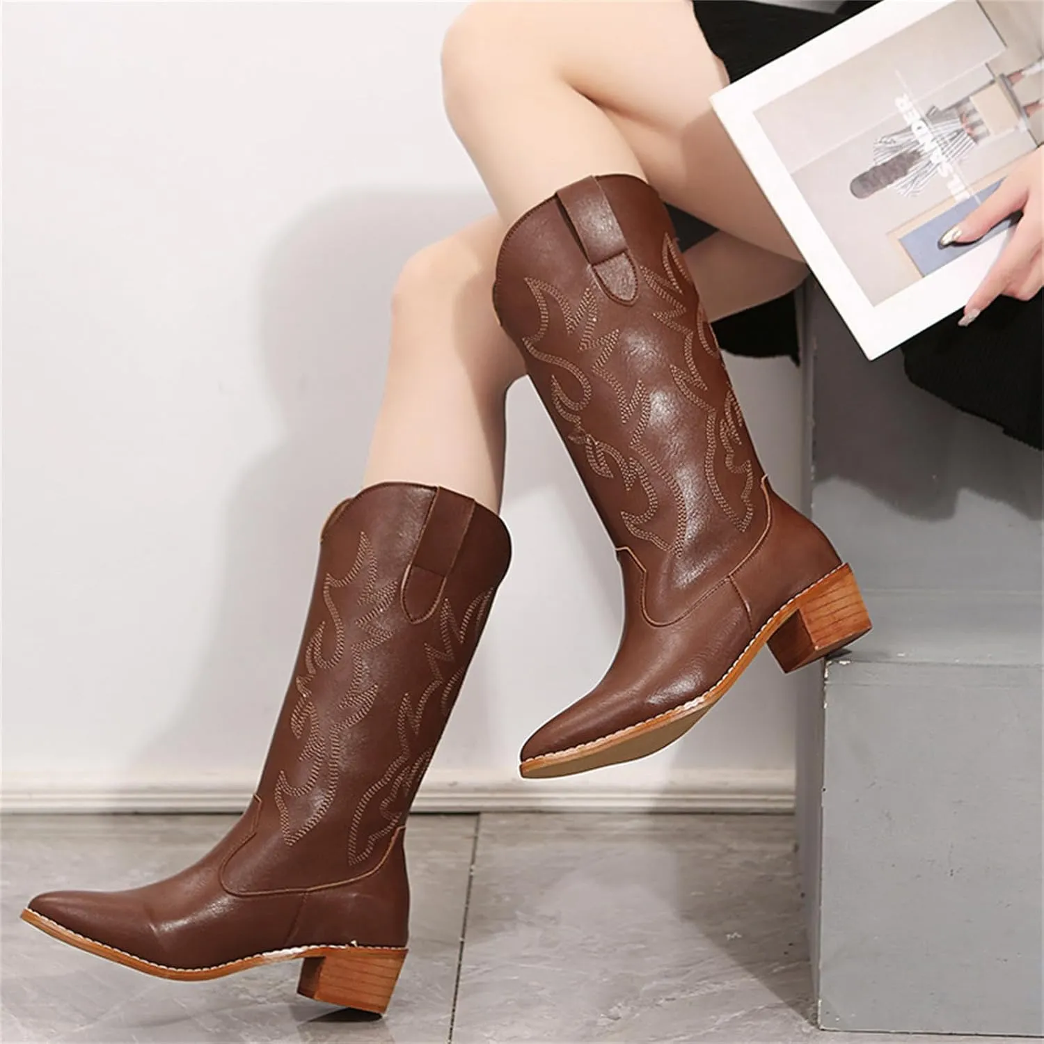 Lausiuoe Cowboy Boots For Women Wide Calf Tall Knee High Embroidered Pull-On Fashion Chunky Heel Cowgirl Western Boots