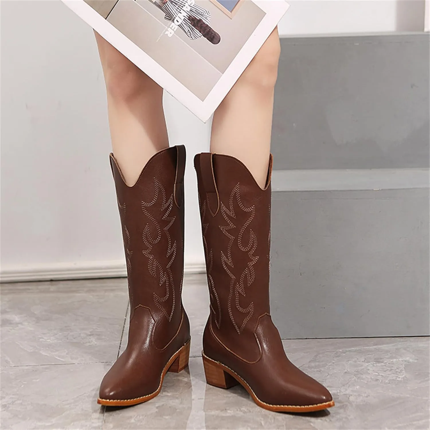 Lausiuoe Cowboy Boots For Women Wide Calf Tall Knee High Embroidered Pull-On Fashion Chunky Heel Cowgirl Western Boots