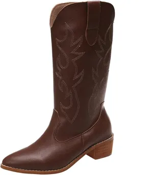 Lausiuoe Cowboy Boots For Women Wide Calf Tall Knee High Embroidered Pull-On Fashion Chunky Heel Cowgirl Western Boots