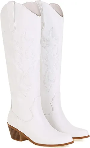 Lausiuoe Cowboy Boots For Women Wide Calf Wide Foot Embroidered Pull-On Chunky Heel Cowgirl Knee High Western Boots