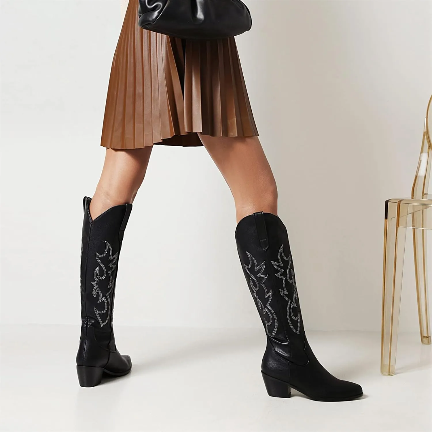 Lausiuoe Cowboy Boots For Women Wide Calf Wide Foot Knee High Western Cowgirl Style Embroidered Chunky Heel Fashion Boot