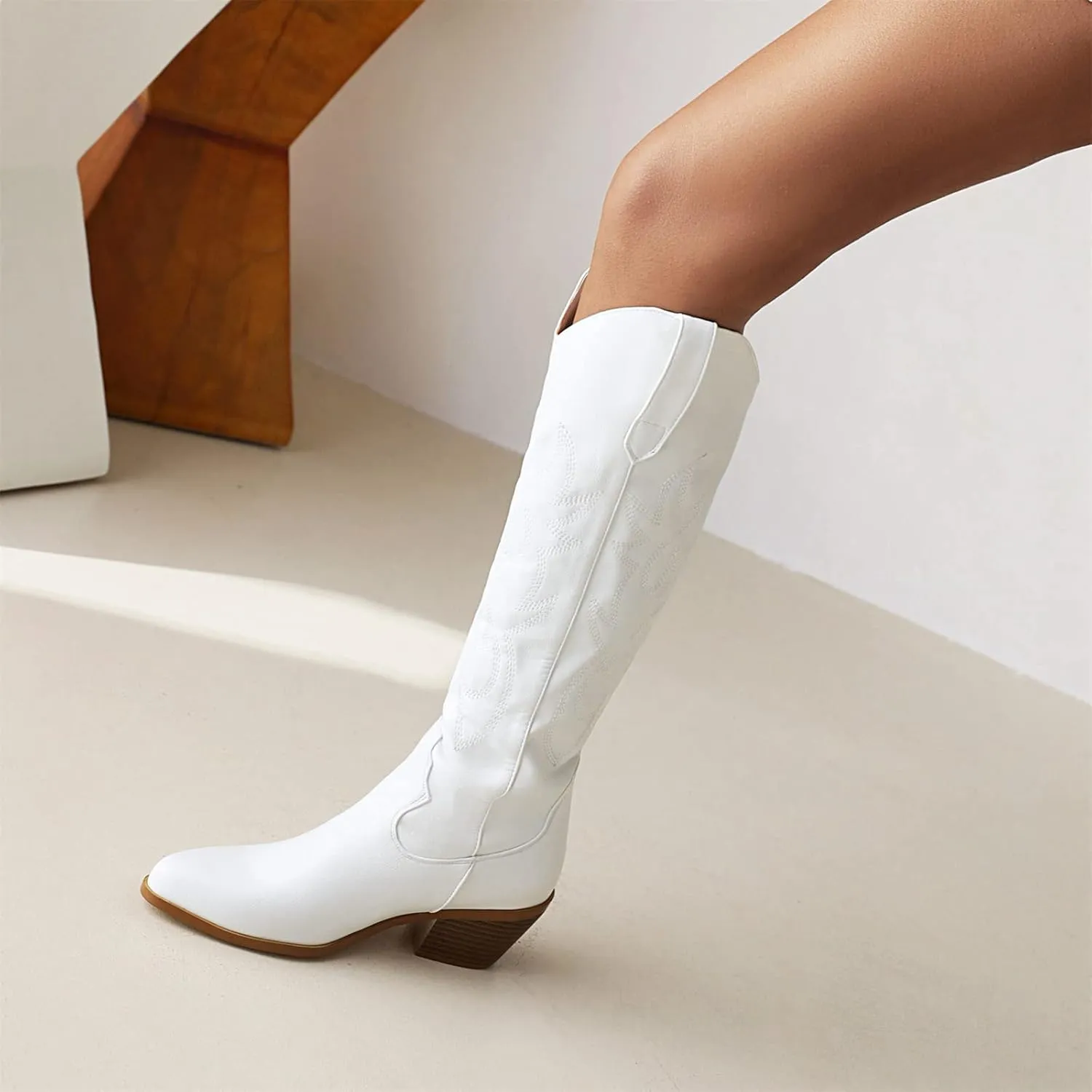 Lausiuoe Cowboy Boots For Women Wide Calf Wide Foot Knee High Western Cowgirl Style Embroidered Chunky Heel Fashion Boot