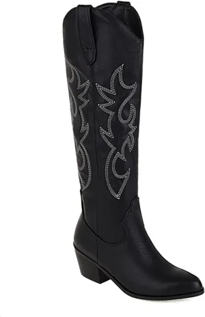 Lausiuoe Cowboy Boots For Women Wide Calf Wide Foot Knee High Western Cowgirl Style Embroidered Chunky Heel Fashion Boot