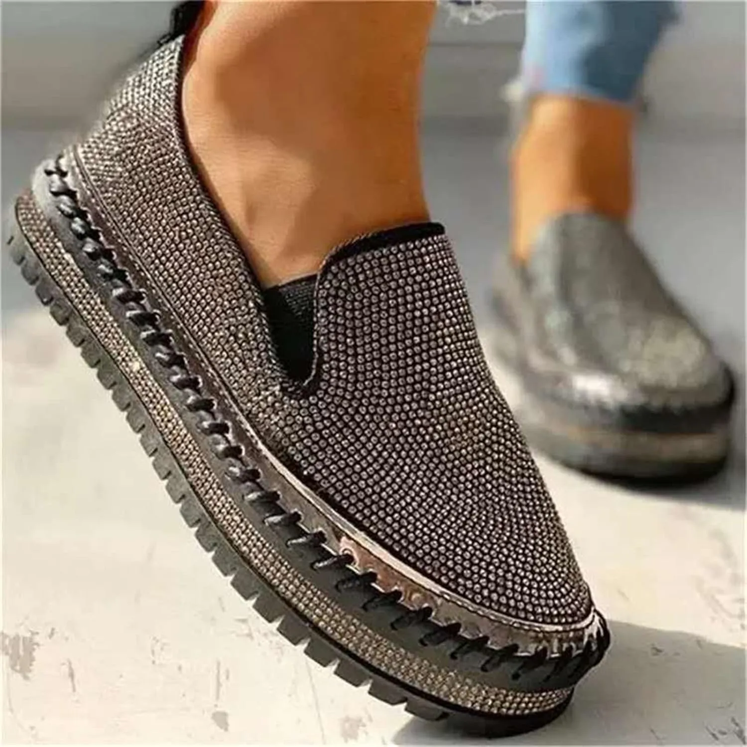 Lausiuoe Glitter Sneakers For Women Wide Width Casual Sparkly rhinestone Shoes Fashion Slip On Soft Walking Flat Loafers