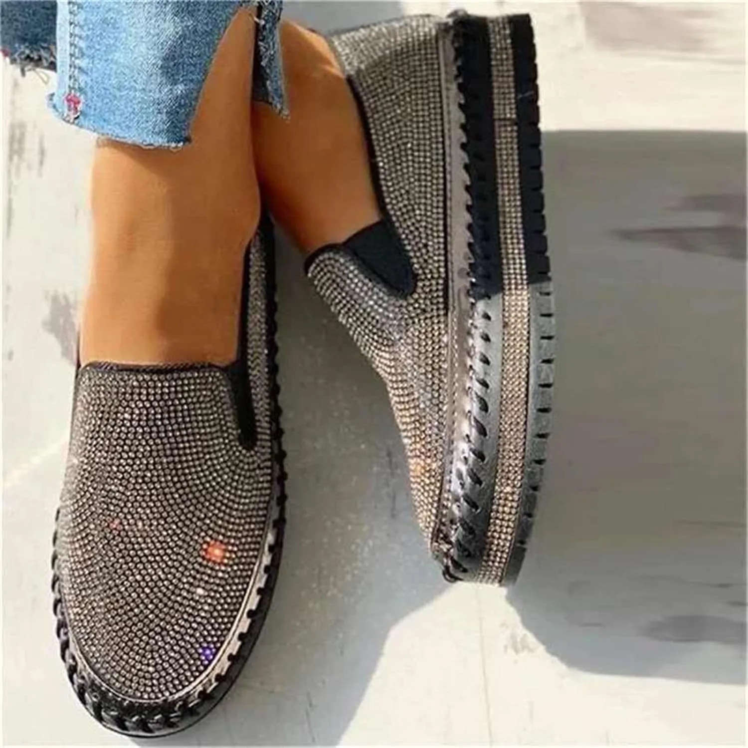 Lausiuoe Glitter Sneakers For Women Wide Width Casual Sparkly rhinestone Shoes Fashion Slip On Soft Walking Flat Loafers