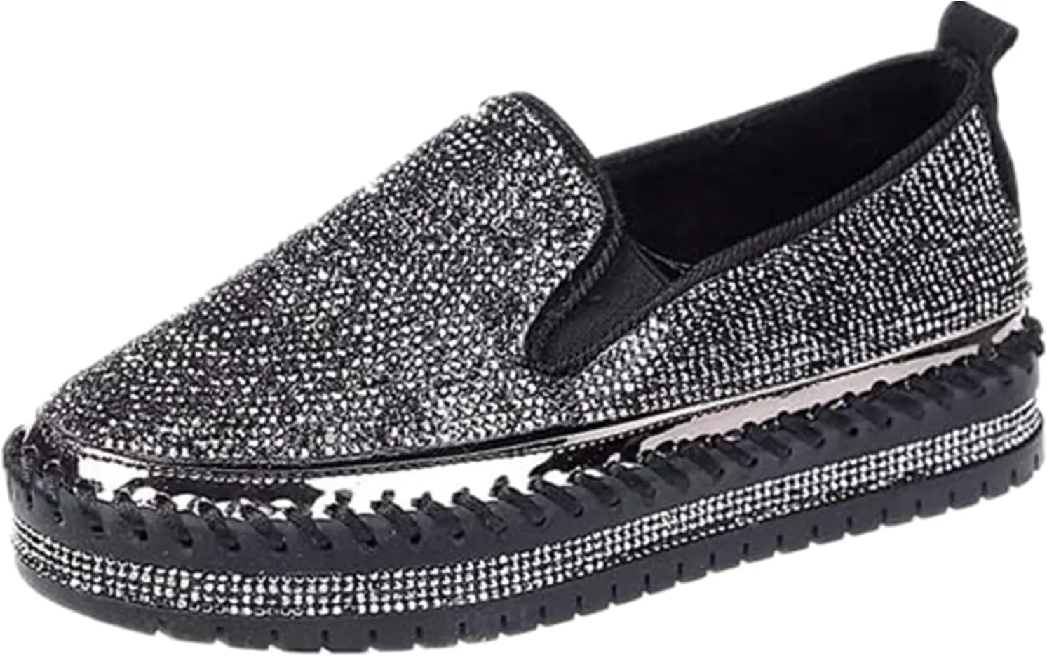 Lausiuoe Glitter Sneakers For Women Wide Width Casual Sparkly rhinestone Shoes Fashion Slip On Soft Walking Flat Loafers