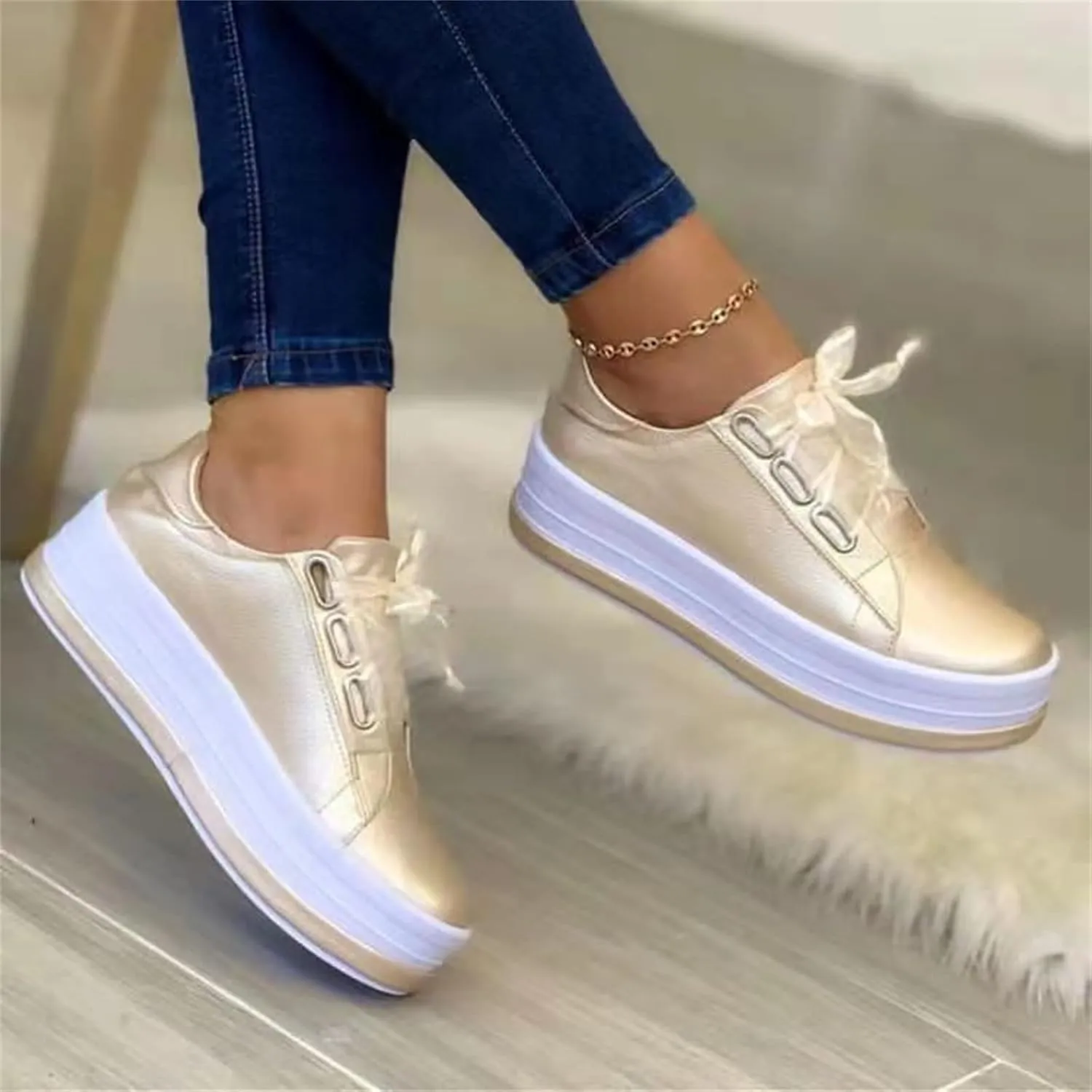 Lausiuoe Shoes for Women Sneakers Trendy Fashion Leather Shoes Round Toe Lightweight Slip On Sneakers Walking Flat Loafers