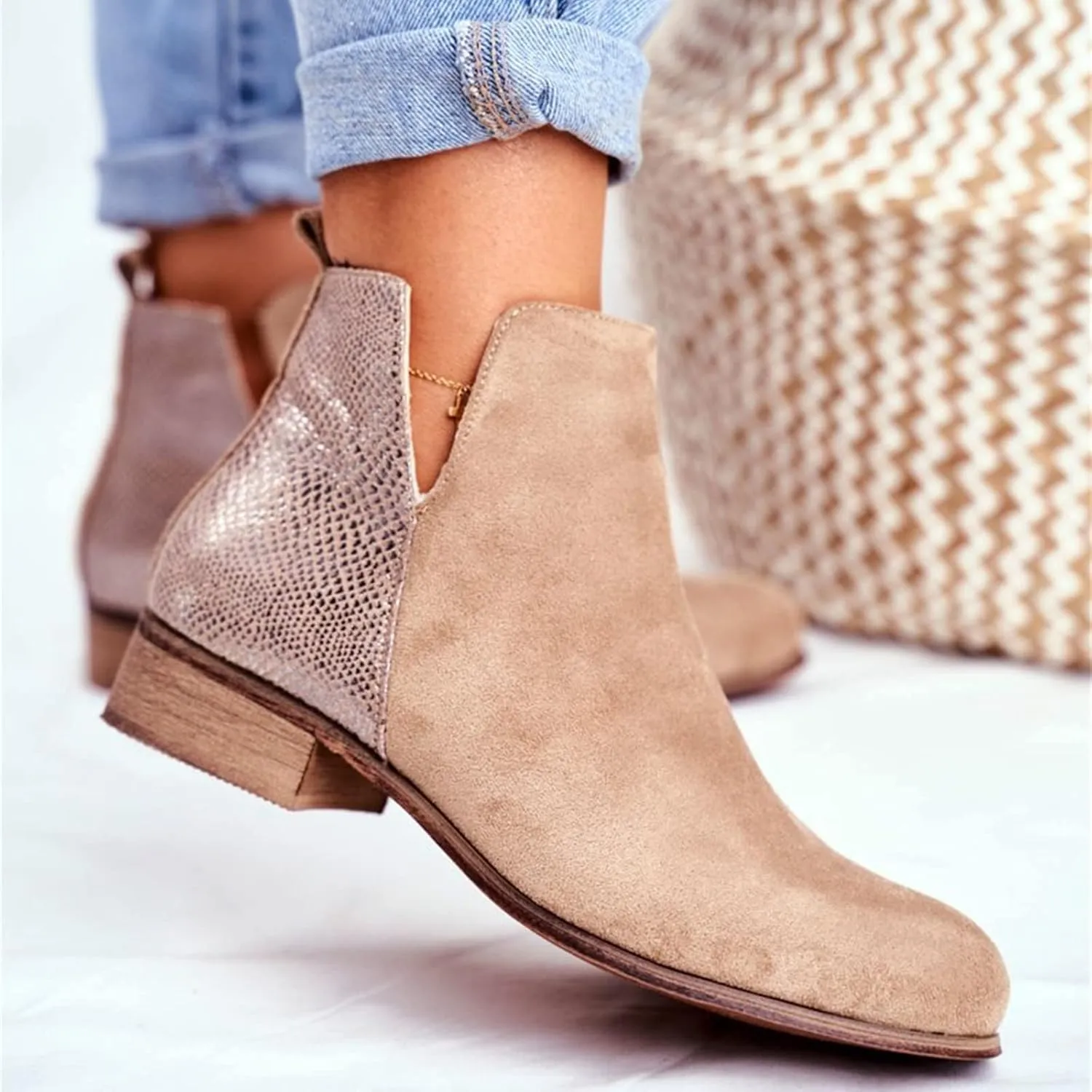 Lausiuoe Womens Boots Ankle Low Heel Cut Out Stacked Chunky Block Casual Dressy Slip on Fashion Wide Width Ankle Booties