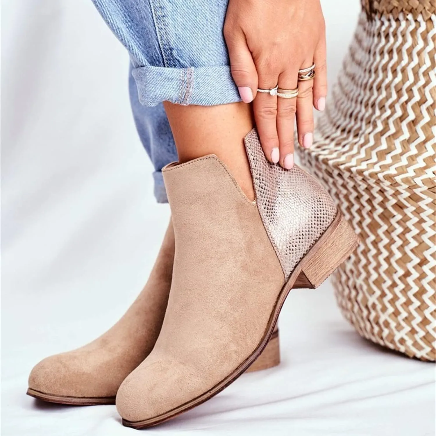 Lausiuoe Womens Boots Ankle Low Heel Cut Out Stacked Chunky Block Casual Dressy Slip on Fashion Wide Width Ankle Booties