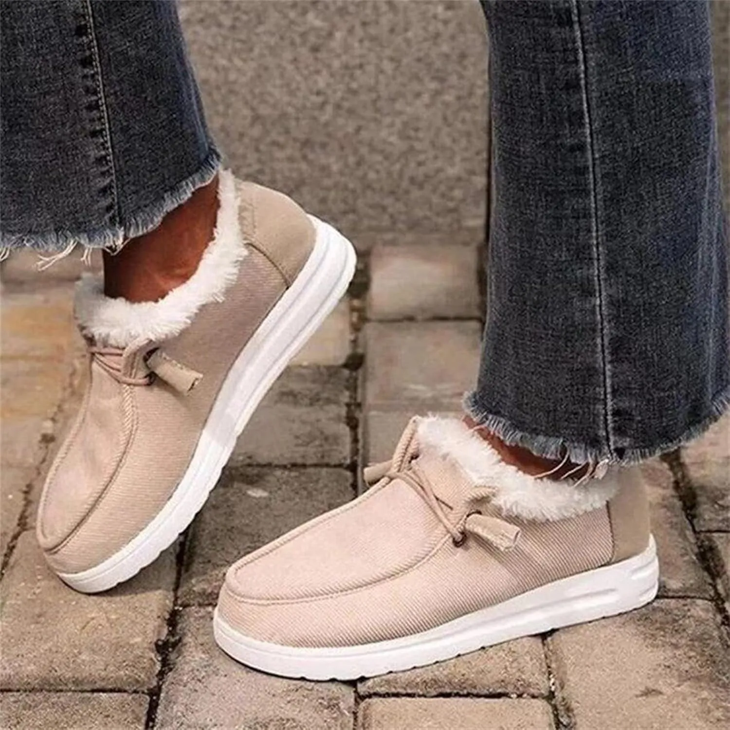 Lausiuoe Womens Winter Boots With Fur Lined Warm Snow Fuzzy Ankle Booties Flat Cute Silp On Comfortable Casual Loafers