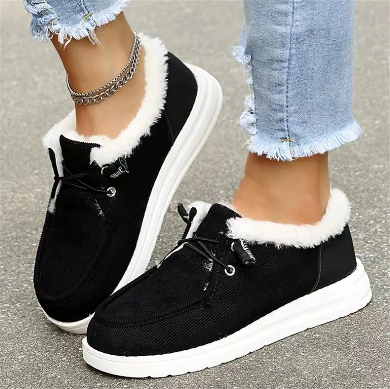 Lausiuoe Womens Winter Boots With Fur Lined Warm Snow Fuzzy Ankle Booties Flat Cute Silp On Comfortable Casual Loafers