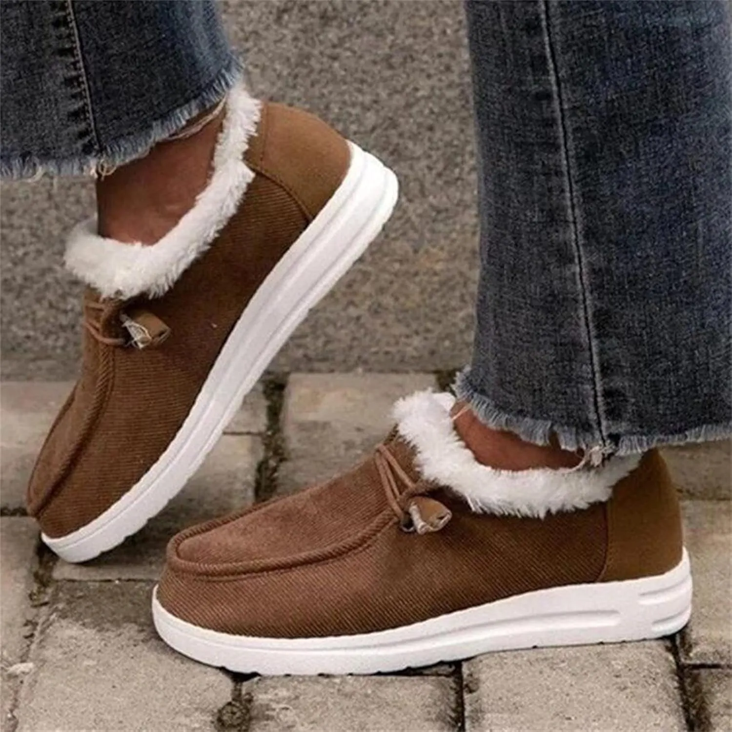 Lausiuoe Womens Winter Boots With Fur Lined Warm Snow Fuzzy Ankle Booties Flat Cute Silp On Comfortable Casual Loafers