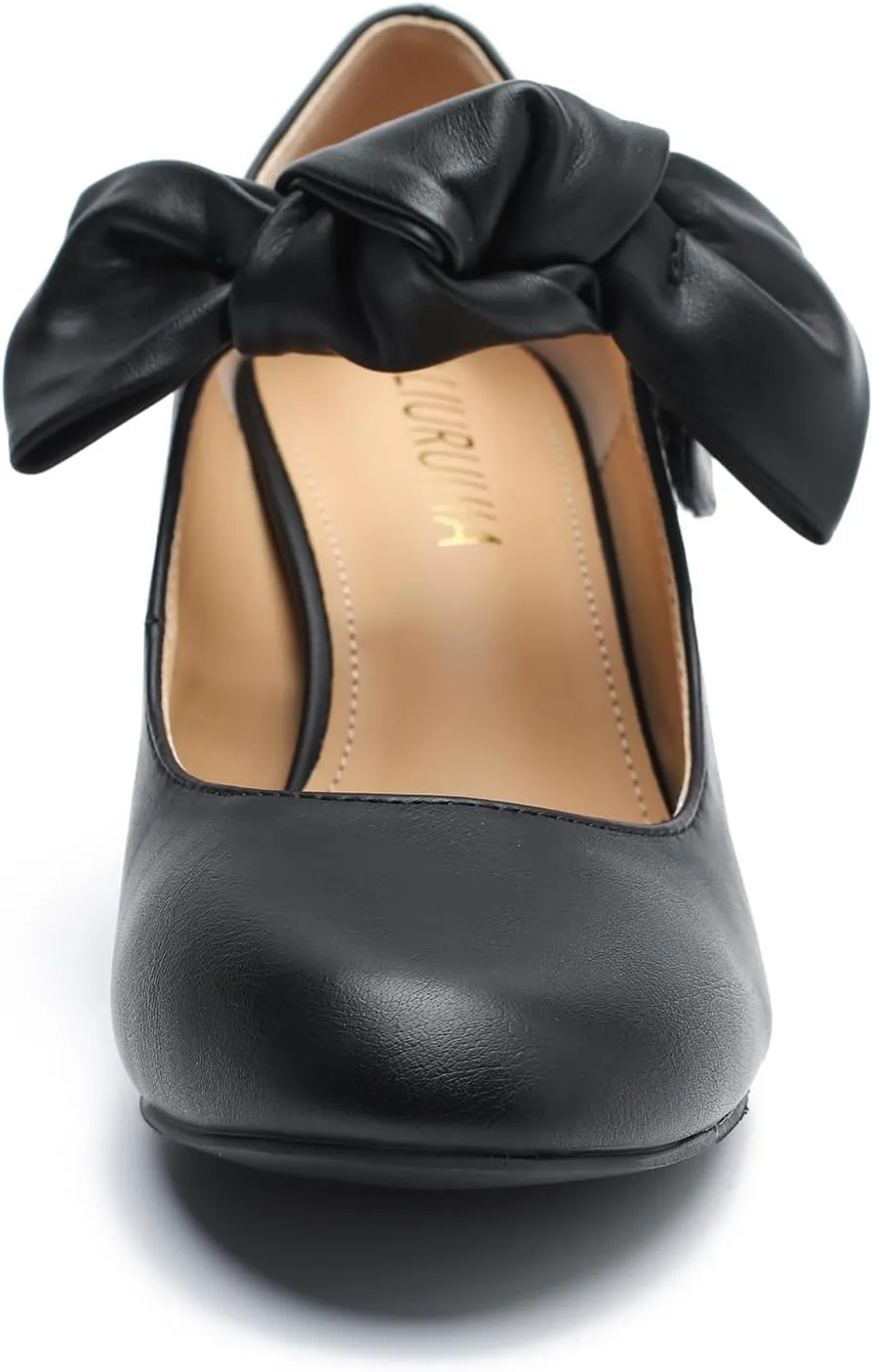 LIURUIJIA Women's Bow Mary Jane Low Block Heel Pumps Round Toe Ankle Strap Wedding Evening Party Dress Shoes