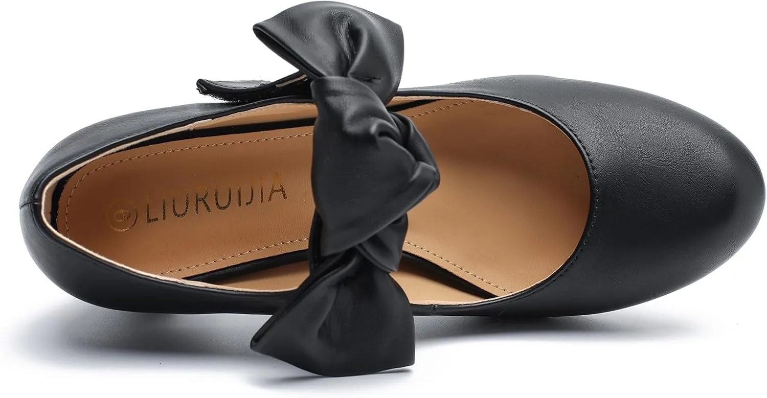LIURUIJIA Women's Bow Mary Jane Low Block Heel Pumps Round Toe Ankle Strap Wedding Evening Party Dress Shoes