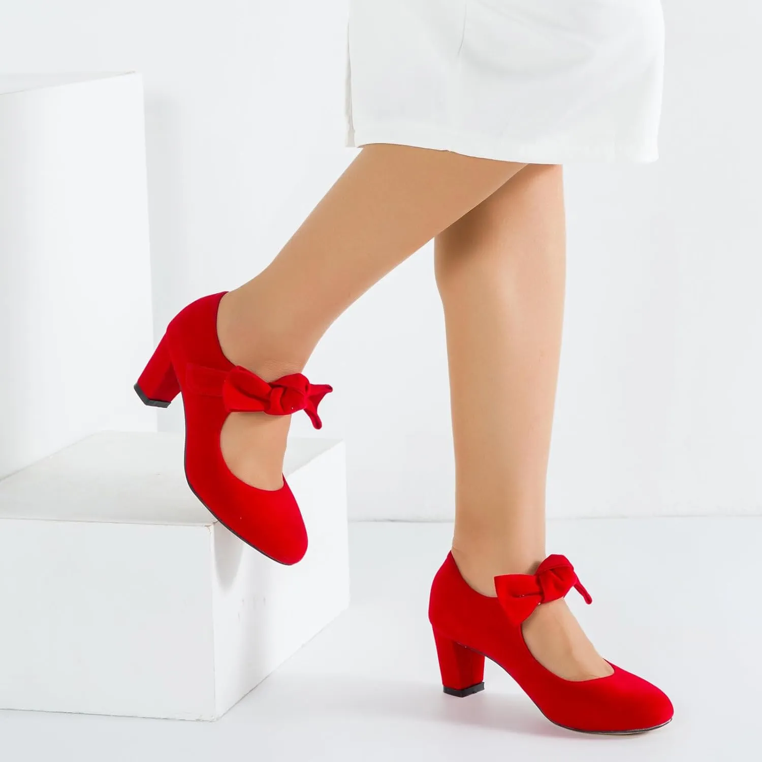LIURUIJIA Women's Bow Mary Jane Low Block Heel Pumps Round Toe Ankle Strap Wedding Evening Party Dress Shoes
