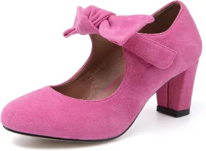 LIURUIJIA Women's Bow Mary Jane Low Block Heel Pumps Round Toe Ankle Strap Wedding Evening Party Dress Shoes