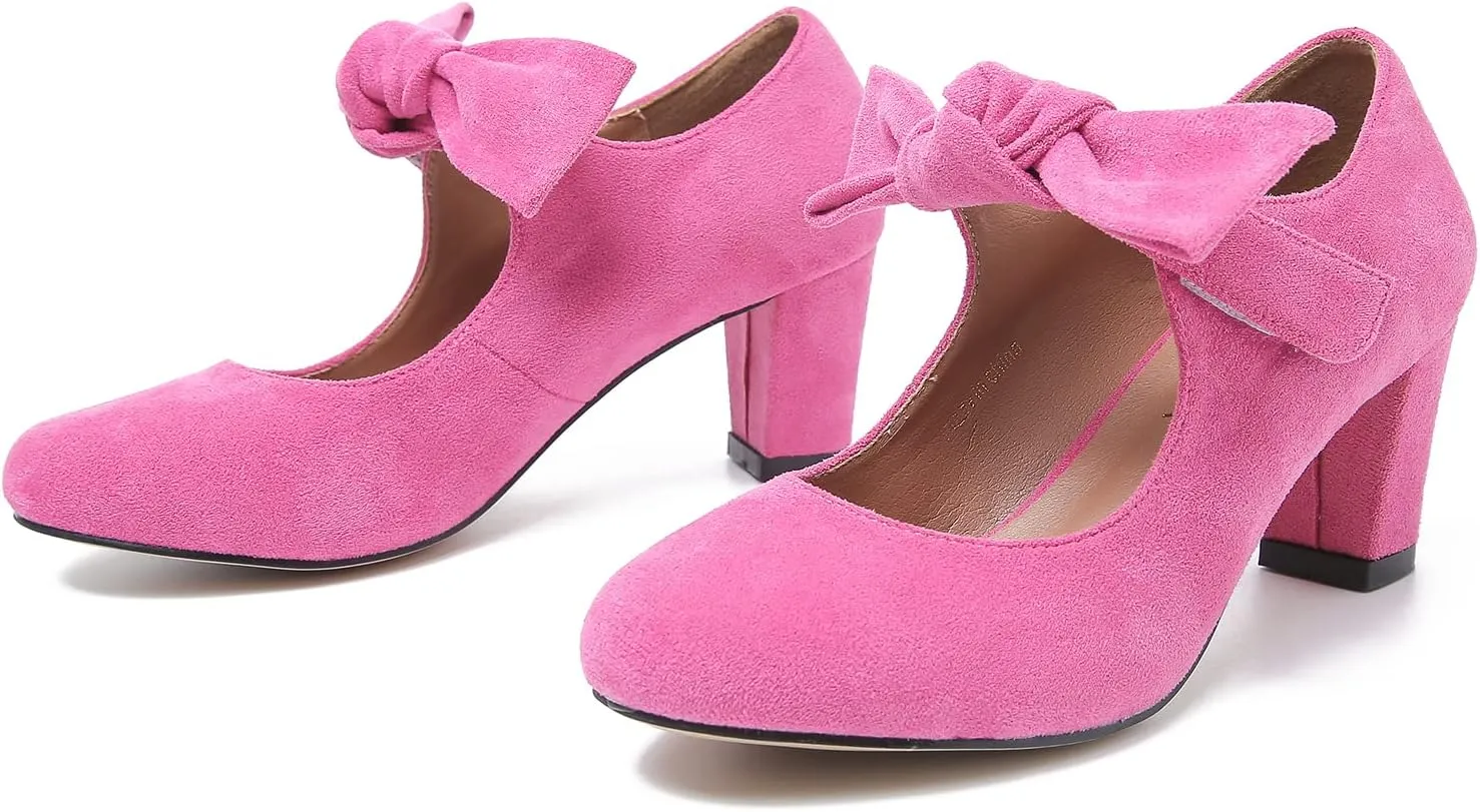 LIURUIJIA Women's Bow Mary Jane Low Block Heel Pumps Round Toe Ankle Strap Wedding Evening Party Dress Shoes