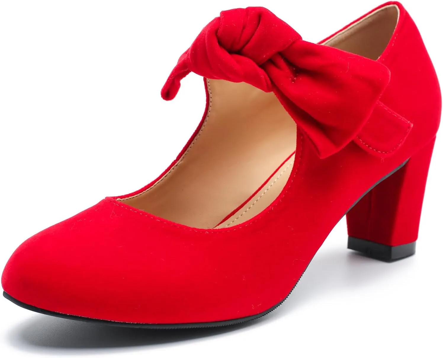 LIURUIJIA Women's Bow Mary Jane Low Block Heel Pumps Round Toe Ankle Strap Wedding Evening Party Dress Shoes