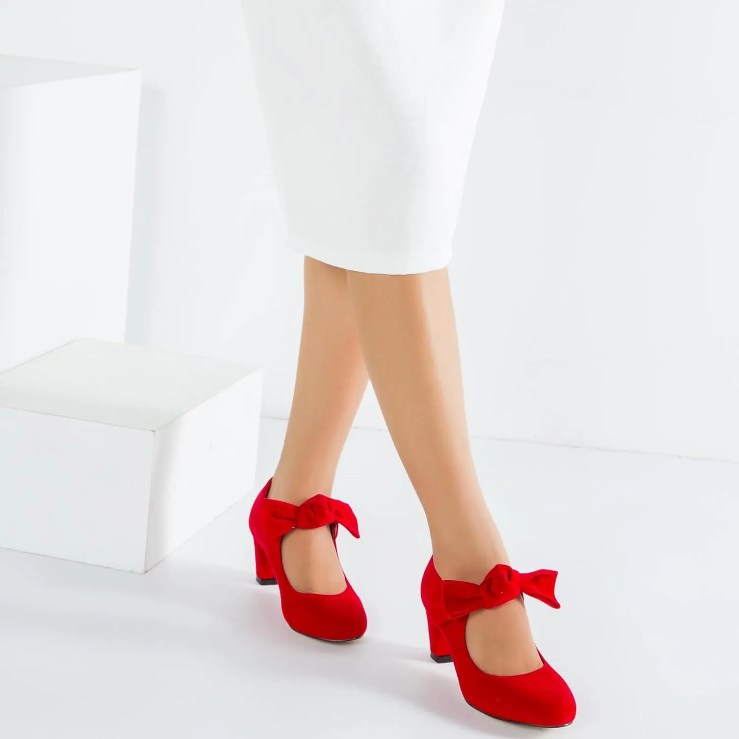 LIURUIJIA Women's Bow Mary Jane Low Block Heel Pumps Round Toe Ankle Strap Wedding Evening Party Dress Shoes
