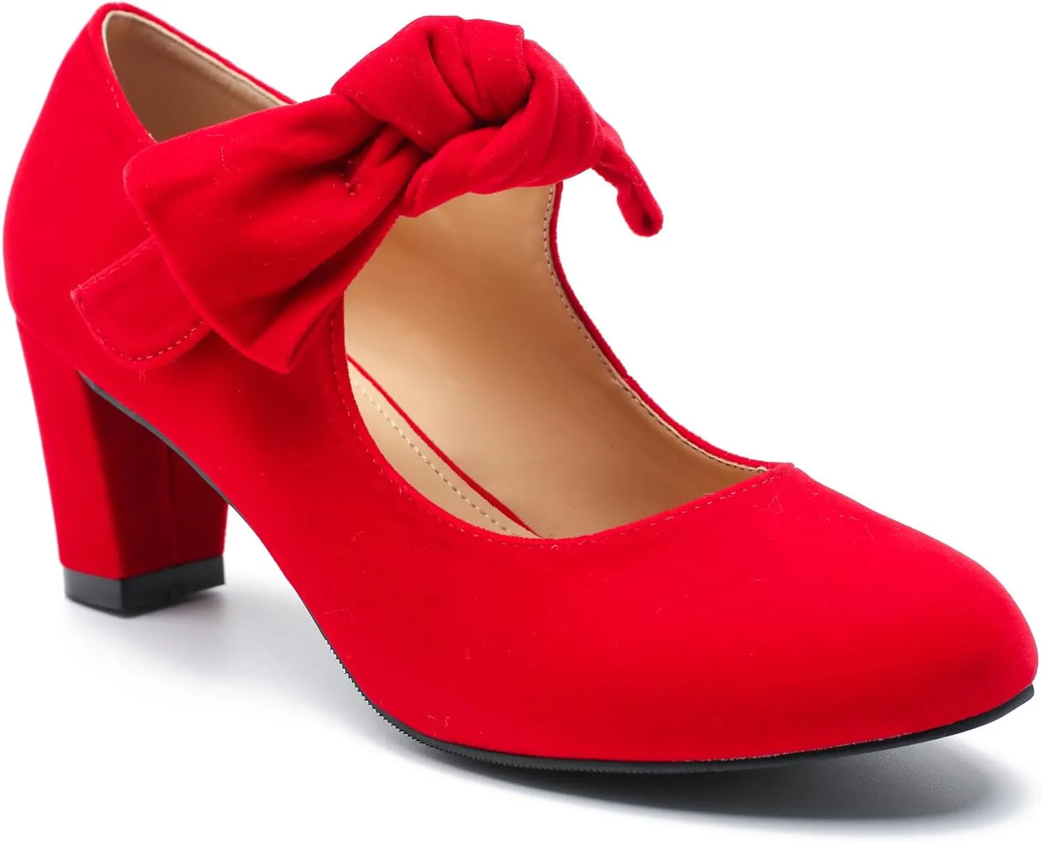 LIURUIJIA Women's Bow Mary Jane Low Block Heel Pumps Round Toe Ankle Strap Wedding Evening Party Dress Shoes