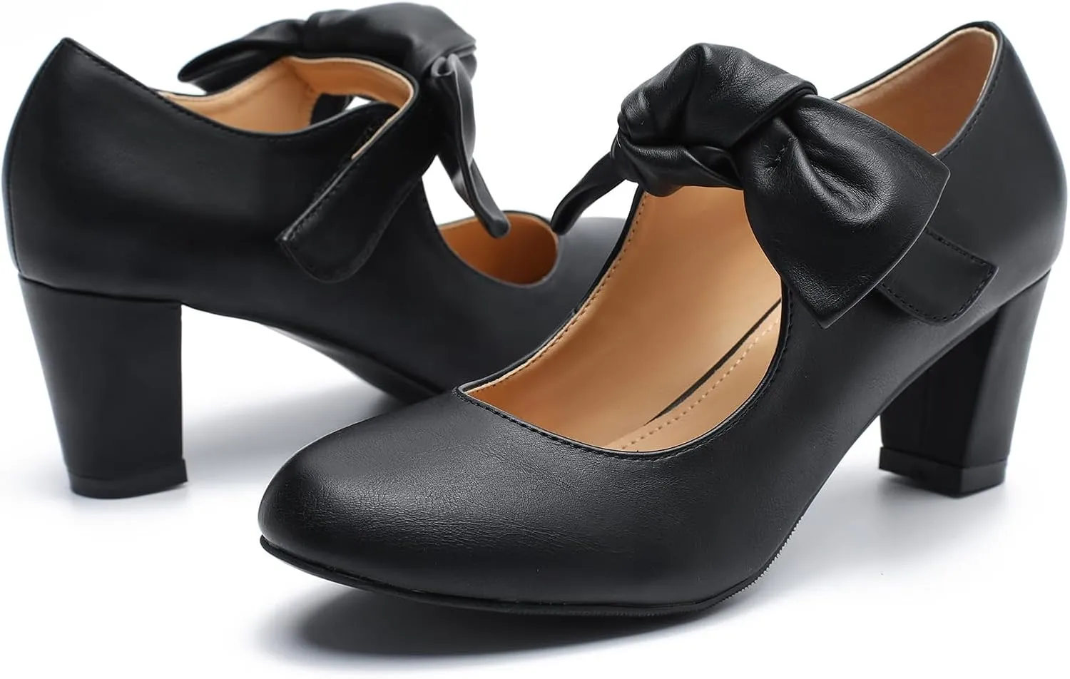 LIURUIJIA Women's Bow Mary Jane Low Block Heel Pumps Round Toe Ankle Strap Wedding Evening Party Dress Shoes