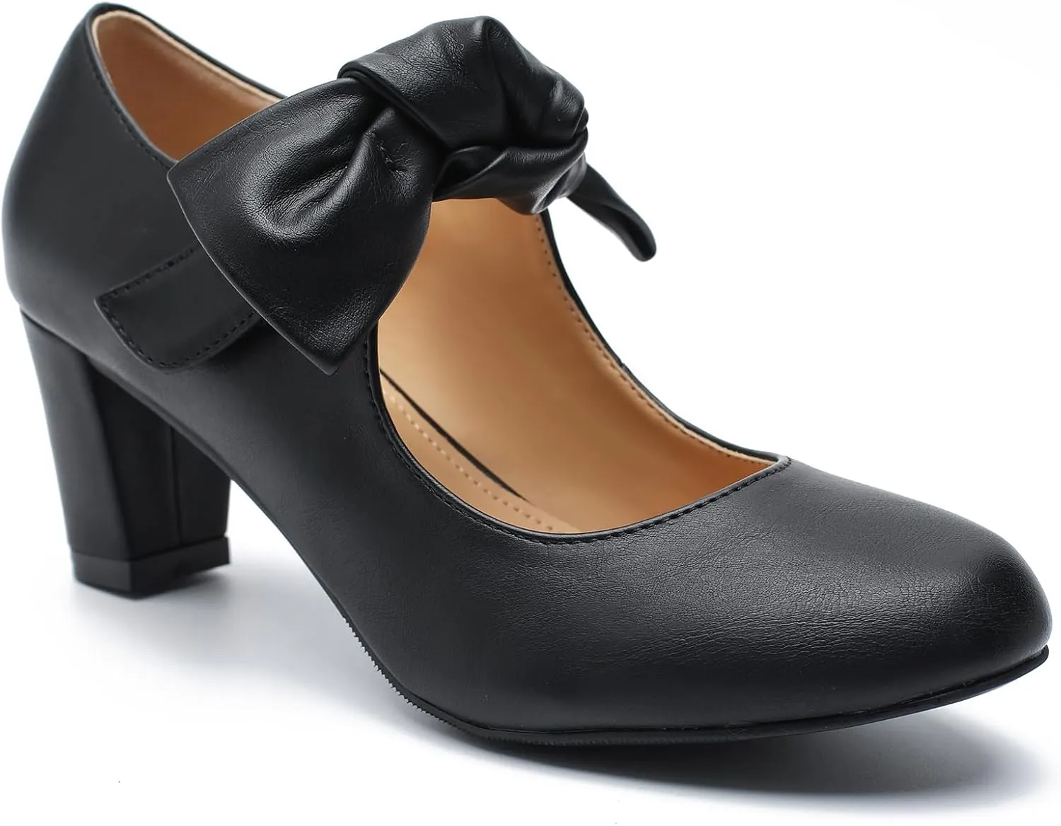 LIURUIJIA Women's Bow Mary Jane Low Block Heel Pumps Round Toe Ankle Strap Wedding Evening Party Dress Shoes