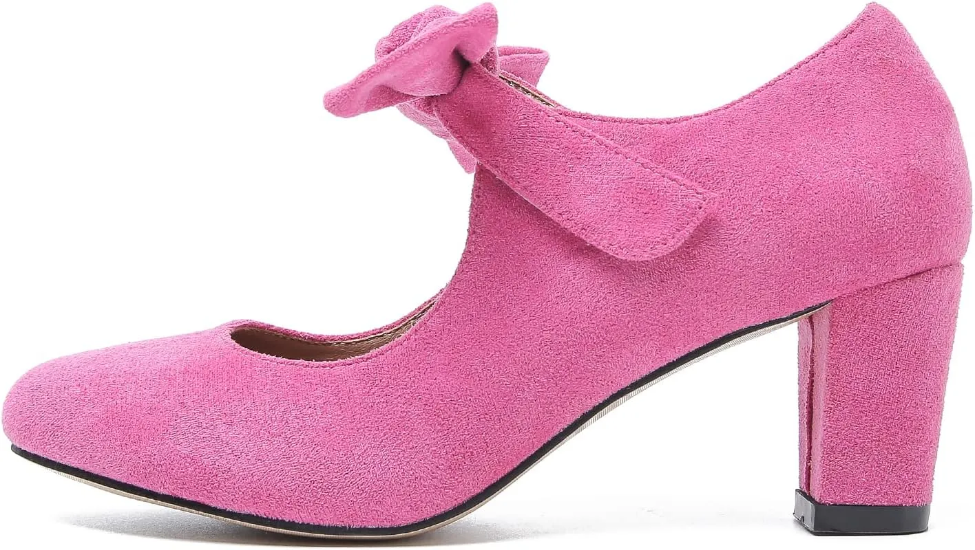 LIURUIJIA Women's Bow Mary Jane Low Block Heel Pumps Round Toe Ankle Strap Wedding Evening Party Dress Shoes