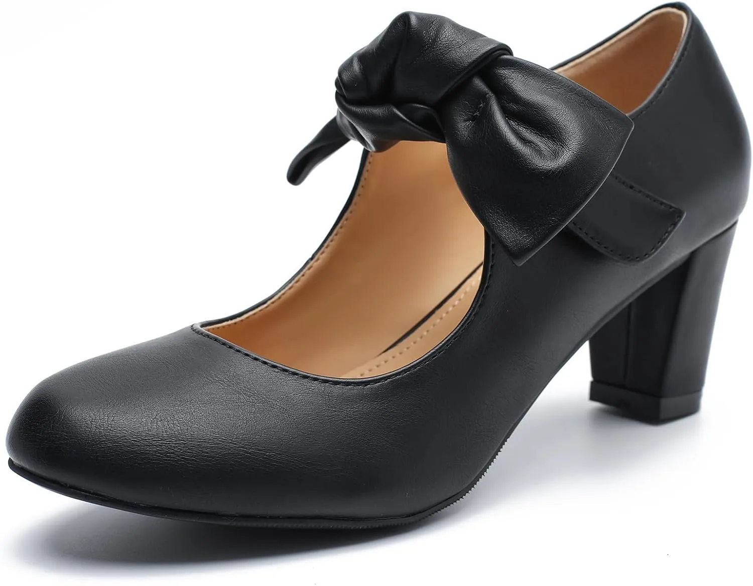 LIURUIJIA Women's Bow Mary Jane Low Block Heel Pumps Round Toe Ankle Strap Wedding Evening Party Dress Shoes