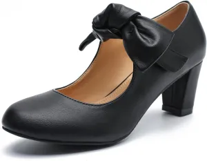 LIURUIJIA Women's Bow Mary Jane Low Block Heel Pumps Round Toe Ankle Strap Wedding Evening Party Dress Shoes