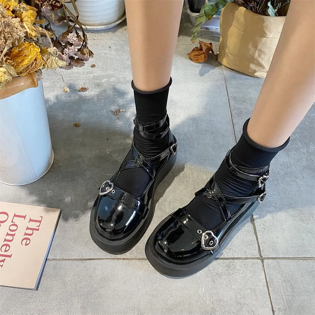 Mary Jane Shoes for Women, Sweet Ankle Strap Chunky Heel Goth Platform Dress Pumps Lolita Shoes Round Toe Oxfords Shoes