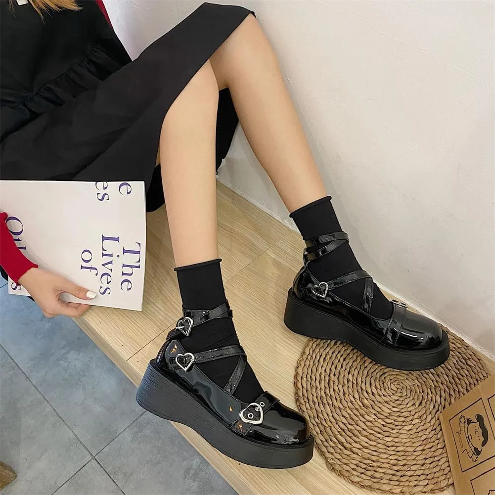 Mary Jane Shoes for Women, Sweet Ankle Strap Chunky Heel Goth Platform Dress Pumps Lolita Shoes Round Toe Oxfords Shoes