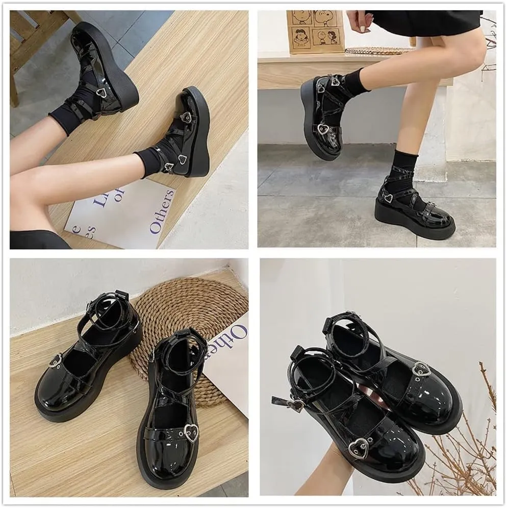 Mary Jane Shoes for Women, Sweet Ankle Strap Chunky Heel Goth Platform Dress Pumps Lolita Shoes Round Toe Oxfords Shoes