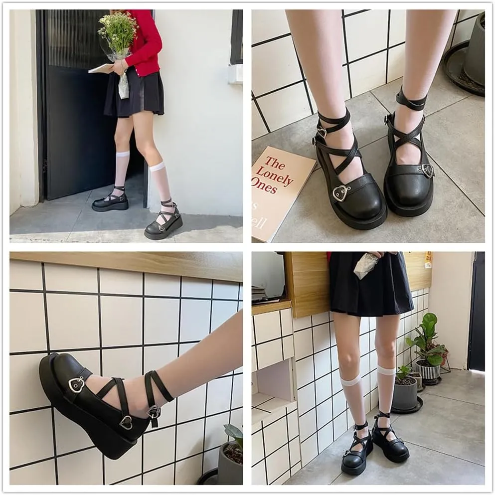 Mary Jane Shoes for Women, Sweet Ankle Strap Chunky Heel Goth Platform Dress Pumps Lolita Shoes Round Toe Oxfords Shoes
