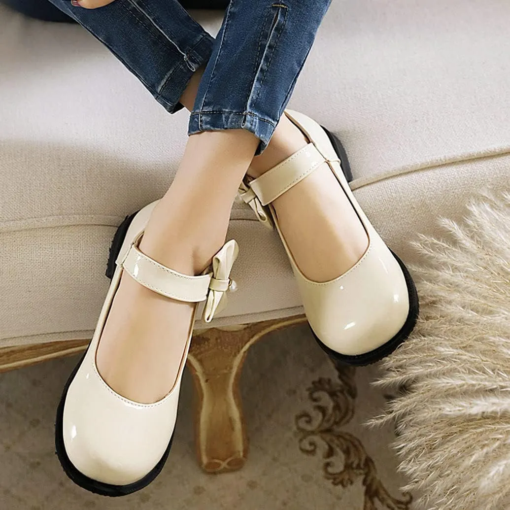 Meefit Women Flat Mary Janes Shoes Patent Leather Cute Pumps with Bow Uniform Shoes