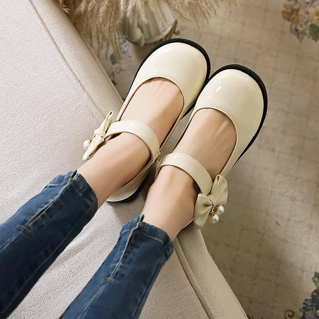 Meefit Women Flat Mary Janes Shoes Patent Leather Cute Pumps with Bow Uniform Shoes